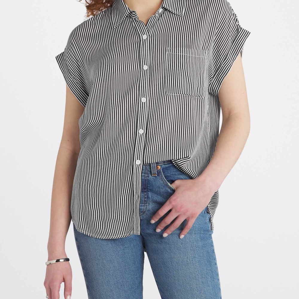 Cosmic Blue Love Striped Black and White Women's Top small